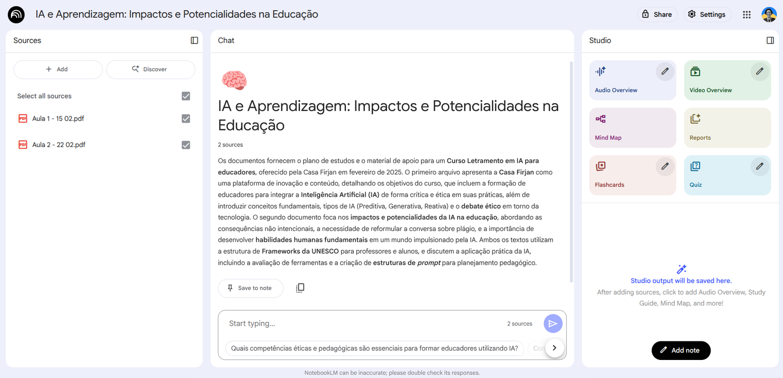 Visao geral de um "caderno" no NotebookLM