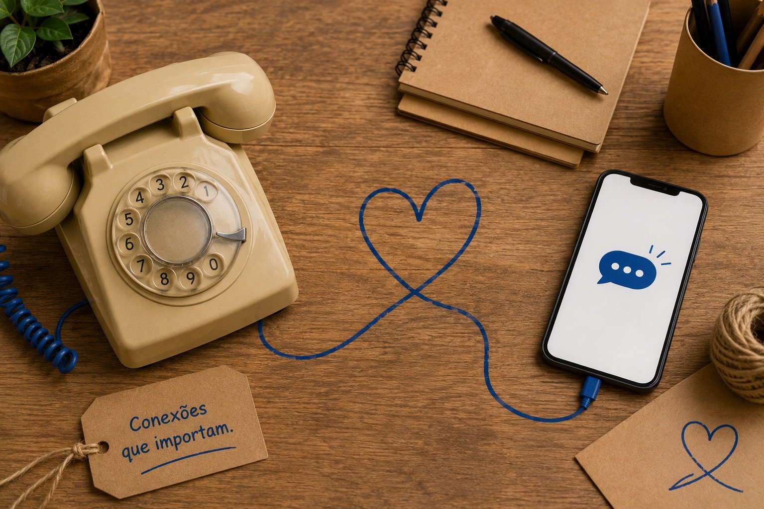 Telefone antigo ligado por um fio azul em formato de coração a um celular com ícone de conversa