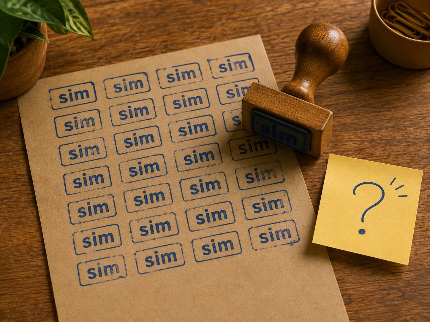 Folha de papel kraft carimbada dezenas de vezes com a palavra sim, ao lado de um carimbo e um post-it com ponto de interrogação