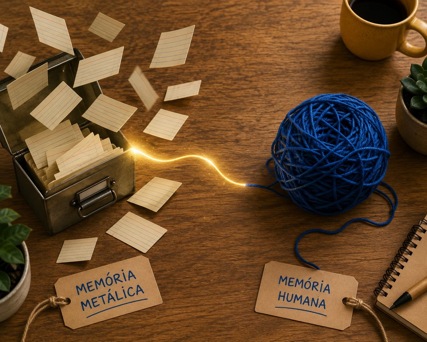 Fichário metálico com fichas soltas de um lado e um novelo de lã azul do outro, com as etiquetas memória metálica e memória humana