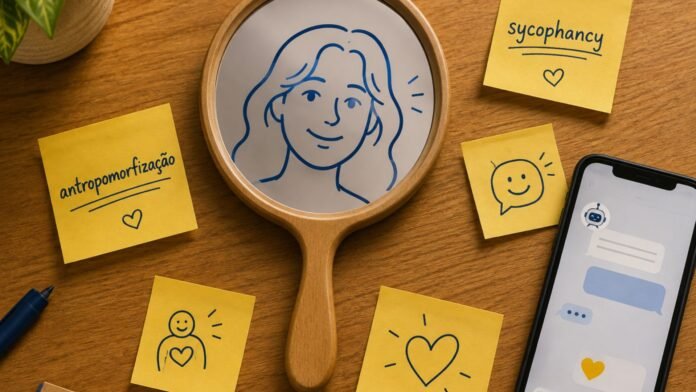 Espelho de mão com um rosto sorridente desenhado, cercado por post-its escritos antropomorfização e sycophancy e um celular com um chatbot