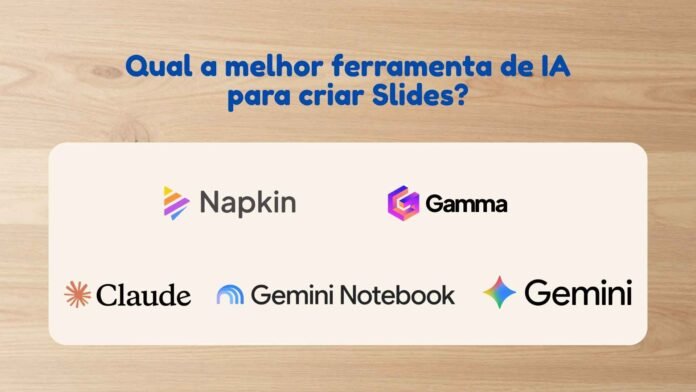 Capa do post 'Qual a melhor ferramenta de IA para criar Slides?' com os logos do Napkin, Gamma, Claude, Gemini Notebook e Gemini sobre um fundo de madeira.