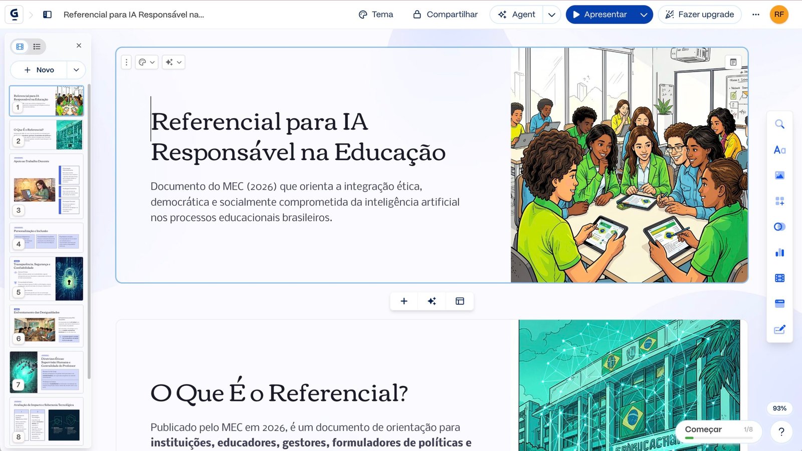 Screenshot Print do Gamma mostrando uma apresentação gerada sobre o Referencial para IA Responsável na Educação, com miniaturas dos slides à esquerda e o slide de capa, com ilustração de uma reunião, em destaque.