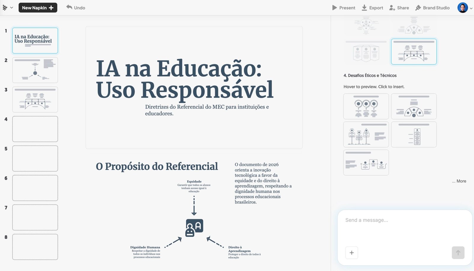 Screenshot Print do Napkin AI mostrando um slide de título 'IA na Educação: Uso Responsável' e, abaixo, um diagrama ligando os conceitos de Equidade, Dignidade Humana e Direito à Aprendizagem, com sugestões de outros formatos de diagrama à direita.
