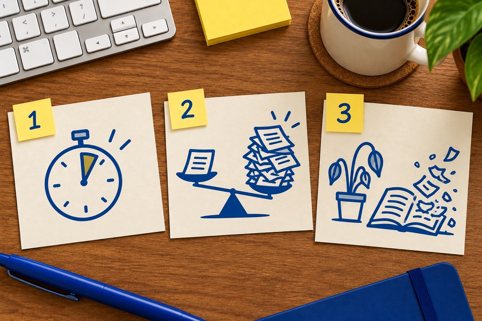 Três cartões de post-it numerados 1, 2 e 3 sobre uma mesa de madeira: o primeiro mostra um cronômetro marcando poucos segundos, o segundo uma balança com uma folha de um lado e uma pilha de folhas do outro, e o terceiro uma planta murcha ao lado de um livro aberto com páginas se desfazendo em pedaços.