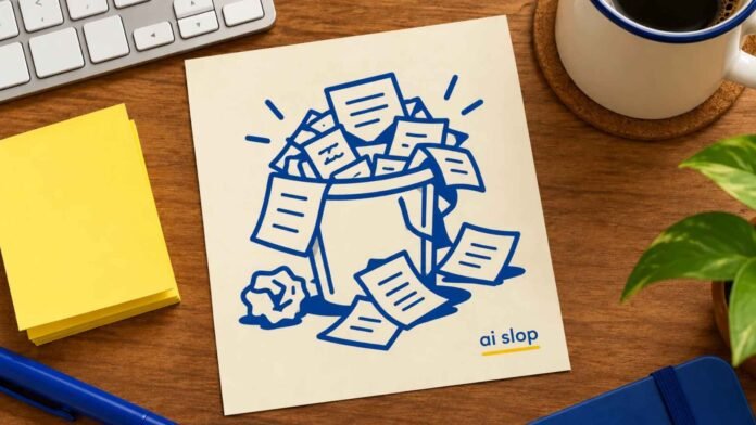 Ilustração desenhada à mão em azul sobre uma folha bege, mostrando uma lixeira transbordando de papéis amassados, com o texto 'ai slop' sublinhado em amarelo, sobre uma mesa de madeira com teclado, xícara de café, bloco de post-it amarelo, caneta azul e uma planta.