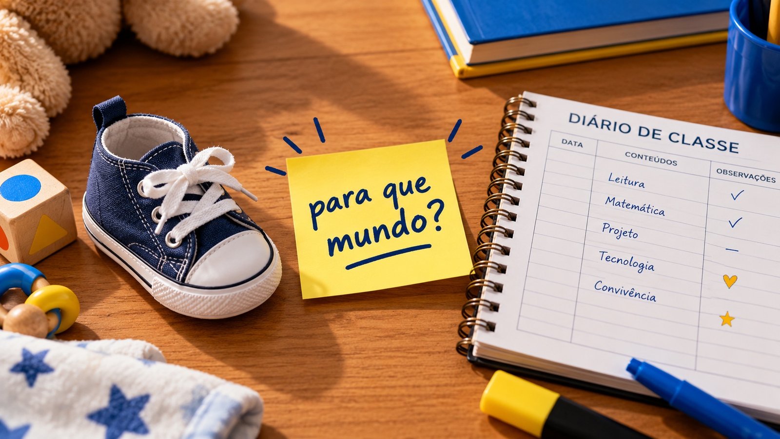 Ilustração de uma mesa infantil com um tênis de bebê azul, um brinquedo de blocos e um ursinho de pelúcia ao lado de um post-it amarelo escrito 'para que mundo?'. À direita, um caderno espiral aberto em uma página de 'Diário de Classe' com colunas de data, conteúdos e observações.