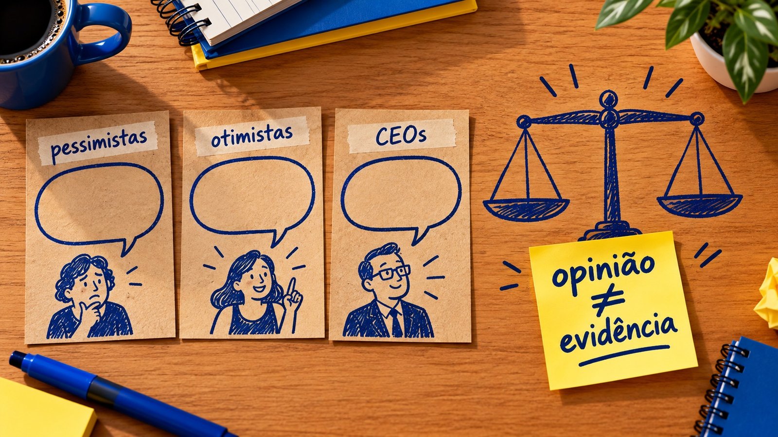 Ilustração de três cartões de papel kraft com balões de fala vazios, rotulados 'pessimistas', 'otimistas' e 'CEOs', cada um com um desenho de rosto diferente. À direita, uma balança de dois pratos desenhada à mão e um post-it amarelo com o texto 'opinião diferente de evidência'.