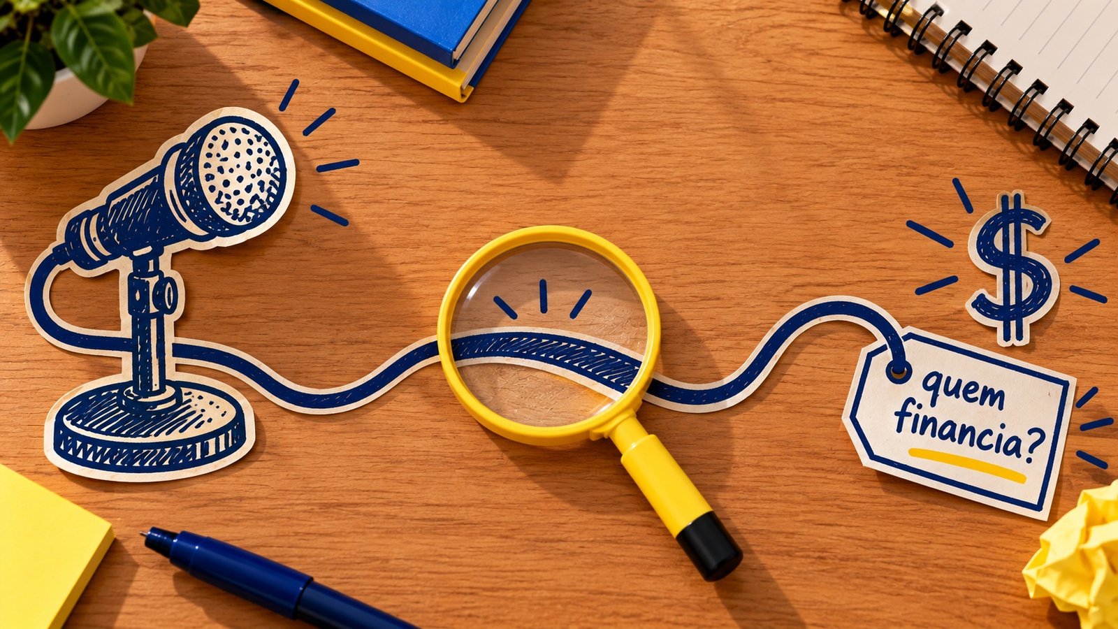 Ilustração de um microfone de mesa desenhado à mão conectado por um fio a uma lupa e depois a uma etiqueta de preço com o texto 'quem financia?', ao lado de um cifrão desenhado sobre uma mesa de madeira com plantas e cadernos.