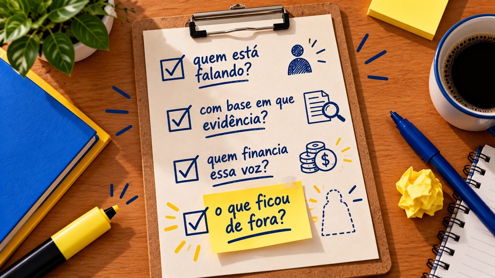Prancheta com uma folha de papel listando quatro perguntas marcadas com checkboxes: 'quem está falando?', 'com base em que evidência?', 'quem financia essa voz?' e, destacada em um post-it amarelo, 'o que ficou de fora?', cada uma acompanhada de um pequeno ícone desenhado à mão.