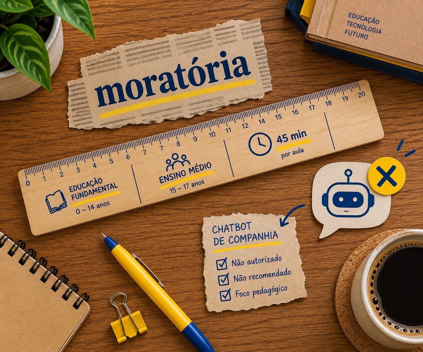 Roberta-Freitas_banir-IA_1 Ilustração em papel e madeira com a palavra 'moratória' recortada de jornal e uma régua de madeira dividida em faixas: 'Educação Fundamental, 0 a 14 anos', 'Ensino Médio, 15 a 17 anos' e um relógio marcando '45 min por aula'. Ao lado, um balão de fala com um robô e um X amarelo, e um bilhete escrito 'Chatbot de companhia' com as marcações 'Não autorizado', 'Não recomendado' e 'Foco pedagógico'.