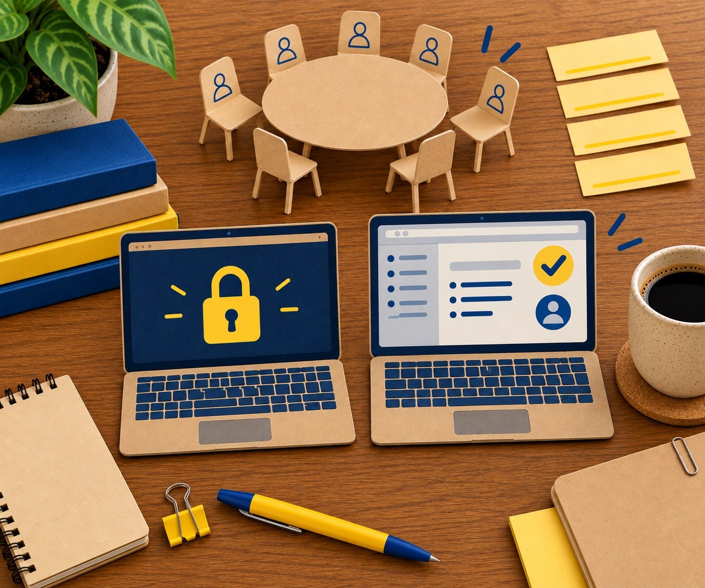 Roberta-Freitas_banir-IA_2 Ilustração sobre mesa de madeira com dois notebooks de papelão: um exibe um cadeado amarelo fechado na tela, o outro mostra uma lista de itens com um visto de aprovação e um ícone de usuário. Ao fundo, uma mesa redonda em miniatura cercada de cadeiras com ícones de pessoas, representando um comitê.