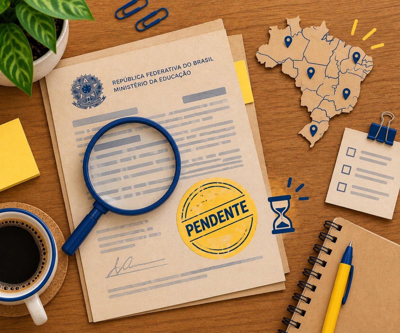 Roberta-Freitas_banir-IA_3 Ilustração de um documento do Ministério da Educação da República Federativa do Brasil sobre uma mesa de madeira, examinado por uma lupa e carimbado com um selo amarelo escrito 'Pendente'. Ao lado, um mapa do Brasil recortado com marcadores de localização e uma ampulheta.