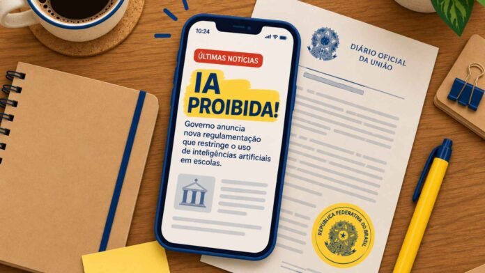 Ilustração sobre uma mesa de madeira: um celular exibe uma notificação de últimas notícias com o texto 'IA proibida! Governo anuncia nova regulamentação que restringe o uso de inteligências artificiais em escolas', ao lado de uma folha do Diário Oficial da União com o brasão da República Federativa do Brasil, uma xícara de café e cadernos.