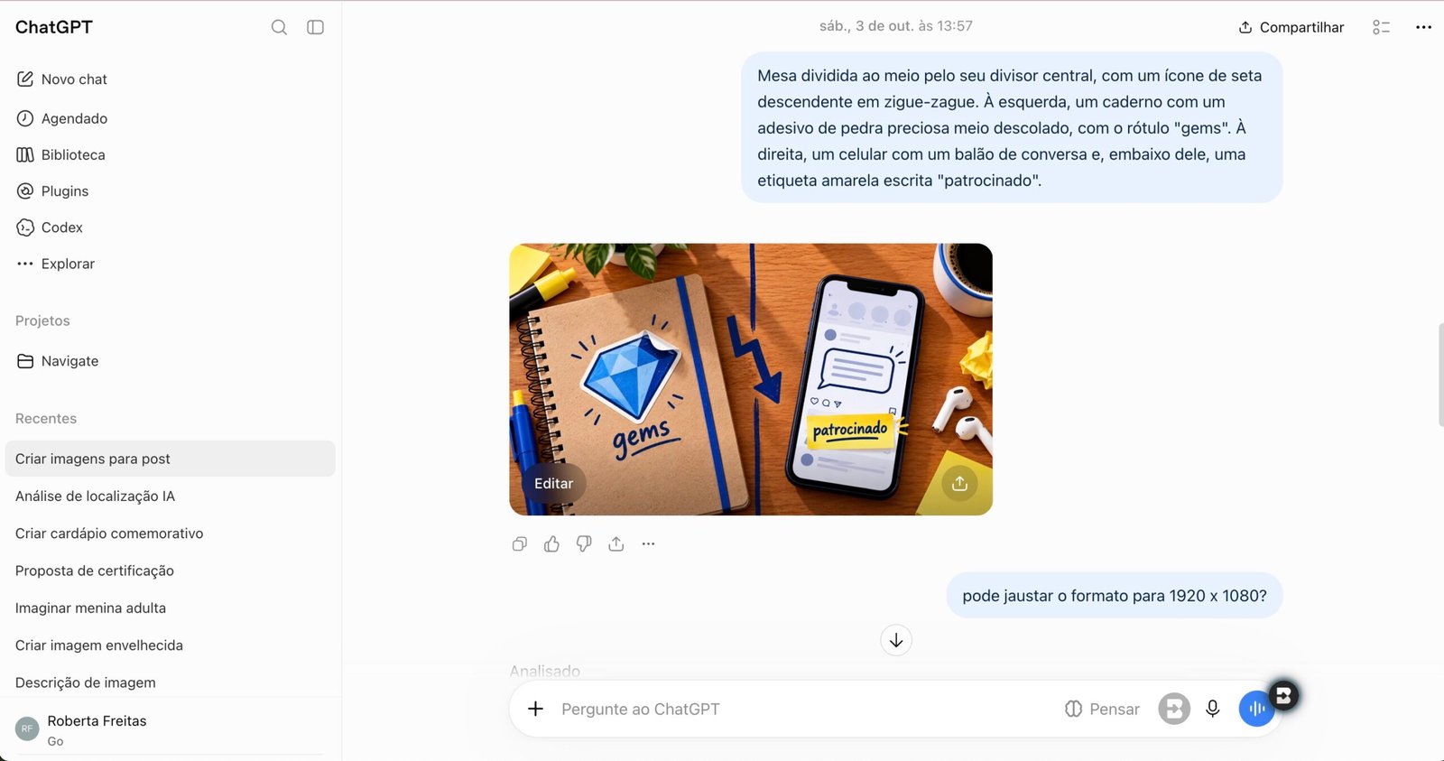 Print de uma conversa no ChatGPT com um prompt descrevendo uma mesa dividida ao meio, com um caderno com adesivo 'gems' de um lado e um celular com etiqueta amarela 'patrocinado' do outro, e a imagem gerada a partir desse prompt logo abaixo.