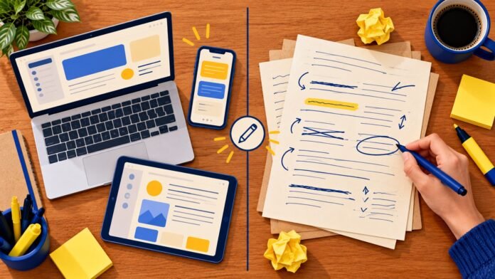 Ilustração de uma mesa de trabalho dividida ao meio: à esquerda, laptop, celular e tablet exibindo telas de redes sociais e um conteúdo digital já pronto; à direita, folhas de papel com anotações feitas à mão, setas, círculos e uma mão segurando uma caneta azul, cercadas de post-its amarelos amassados e uma xícara de café.